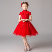 儿童礼服花童红色公主，裙女童蓬蓬纱生日中国风主持古筝钢琴演出服