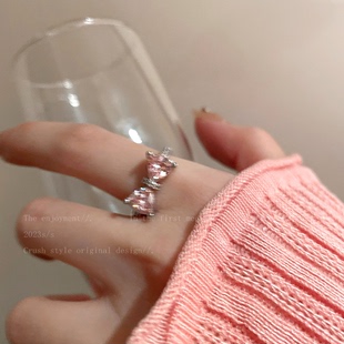 粉色蝴蝶结锆石戒指女夏2023年小众，设计指环开口可调节食指戒