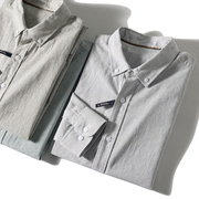 日系文艺风春季男式水洗，纯棉复古色织条纹，休闲长袖衬衫衬衣