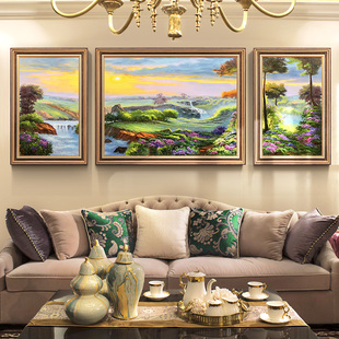 欧式风景古典装饰画现代客厅纯手绘油画三联有框美式组合壁画挂画