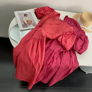 韩版玫红色短袖方领连衣裙，宽松套头百搭长裙时尚，休闲洋气d$1