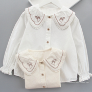 女童衬衫白色春秋装，韩版儿童娃娃，领刺绣长袖衬衣女孩纯棉上衣