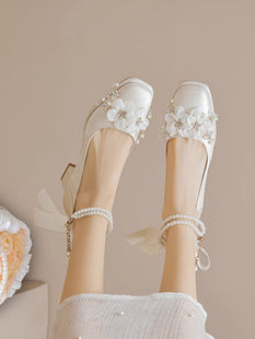 玛丽珍婚鞋新娘鞋女2024绸缎婚纱秀禾两穿礼服法式粗跟高跟鞋