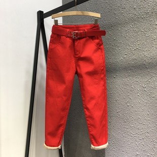 欧货23冬装拼接大红色，加绒加厚牛仔长裤女宽松显瘦休闲哈伦裤