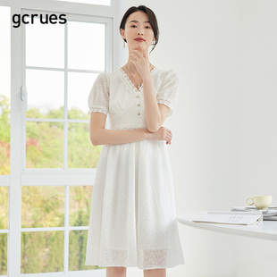 gcrues白色很仙的蕾丝连衣裙女2024夏季短袖v领长款裙子温柔