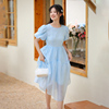 微醺海风2024韩系少女设计感洋气方领泡泡袖纯色公主连衣裙女
