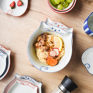 日式碗盘招财猫卡通碗陶瓷餐具家用饭碗，汤碗面(汤碗面)碗盘子可爱碗碟套装