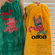 可爱猫咪浴裙干发帽两件套女珊瑚，绒浴衣情侣洗澡浴袍家用成人浴巾