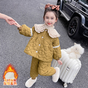 女童秋冬加绒套装2023儿童洋气，夹棉保暖棉服中小童冬季棉袄两件套