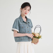 2025夏季复古气质短袖蕾丝花边牛仔外套女显瘦休闲连衣裙外搭开衫