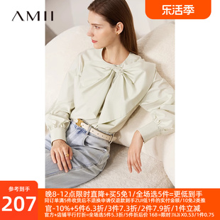 Amii2024夏圆领蝴蝶结白衬衫女别致漂亮宽松棉弹衬衣法式上衣