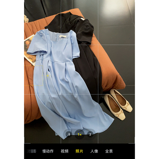 1.1斤蓝色简洁方领连衣裙短袖，百搭雪纺长裙子，时尚休闲洋气d$26