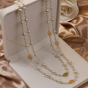 韩国气质高级感长款珍珠，项链女时尚，小香风多层镂空玫瑰花毛衣链潮
