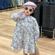 韩版女童连衣裙2024春季儿童双层花瓣领紫色碎花仙美公主裙