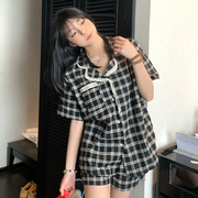 韩版蕾丝格子睡衣女夏天短袖短裤纯棉夏季网红高级家居服套装
