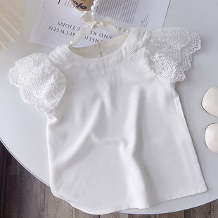 女童白色雪纺衫夏季蕾丝小飞袖，衬衫上衣中小童女，宝宝圆领公主t恤