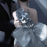 灰色手工立体花朵缎布花头饰，配饰影楼拍照造型婚纱礼服饰品可定制