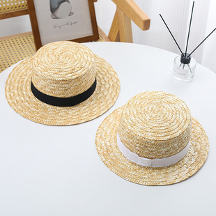 儿童草帽夏季遮阳可爱沙滩平顶，大沿帽男童女童遮阳帽天然麦秆草帽