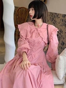 法式粉色长袖衬衫连衣裙，女春秋季娃娃领复古长裙子公主裙