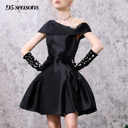 黑色连衣裙女夏装2022性感，斜肩花朵设计感气质，短裙洋装小礼服