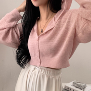 韩国chic春季甜美减龄连帽式宽松百搭冰丝，薄短款防晒针织衫外套女