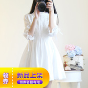 女装拼接系带小日系蕾丝连衣裙，夏季韩版仙女，可爱白色圆领裙子