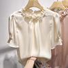 2024韩国气质显瘦纯色立领，花朵钉珠套头短袖雪纺衫女夏季衬衫