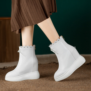 12cm内增高女靴秋冬季厚底白色真皮，坡跟瘦瘦单靴小个子超高跟短靴