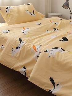 在线撸猫全棉床单卡通日系被套枕套纯棉被罩床笠可爱气小猫黄底