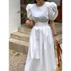 法式优雅泡泡袖白色连衣裙女夏季小众气质打揽收腰显瘦大摆裙长裙
