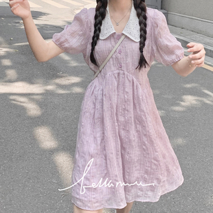 bm4.24夏季显白紫蕾丝娃娃领连衣裙，系带收腰减龄甜美短裙