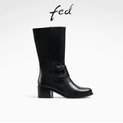 fed真皮中筒靴冬季靴子拼接时装靴圆头瘦瘦靴女R1128-YSA006