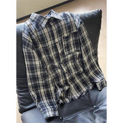 美式藏青色格子衬衫男款潮牌休闲情侣衬衣长袖寸衫高级感条纹外套