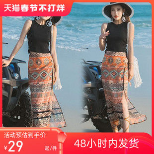 波西米亚沙滩裙民族风复古半长裙一片式高腰开叉泰国花半身裙子女