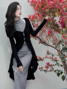 新中式套装御姐范穿搭高级感两件套别致绝美针织包臀裙黑色连衣裙