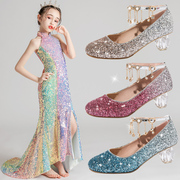 春季女童高跟鞋小女孩粉色水晶鞋走秀表，演出亮片童鞋子儿童公主鞋