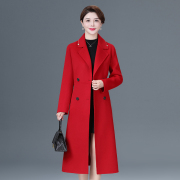 秋冬双面羊绒大码大衣，中长款西装领双排扣韩版修身红色羊毛呢外套