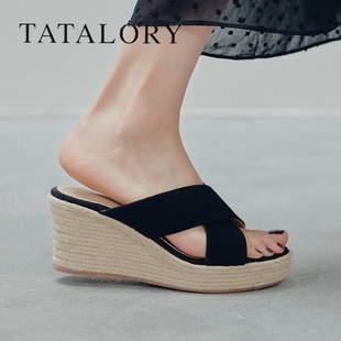 tatalory女鞋夏季交叉带厚底草编凉拖鞋，女外穿2024坡跟凉鞋
