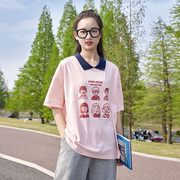 高中学生短袖T恤女宽松短款2023夏季初中生少女休闲半袖韩版翻领