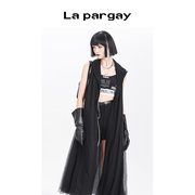 lapargay纳帕佳春季女装黑色，上衣个性时尚休闲无袖长款马甲潮