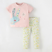 女童纯棉短袖兔子t恤宝宝上衣，儿童碎花打底裤子，2件套小童夏季套装