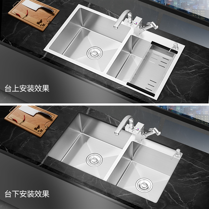 华帝水槽厨房双槽SUS304不锈钢加厚手工家用洗菜盆洗碗台上中下盆