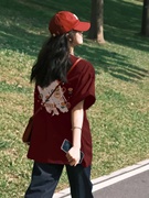 重磅纯棉酒红色短袖t恤女夏季2024设计感小众多巴胺穿搭上衣