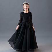 2024新黑长袖儿童女童长款演出礼服，公主裙洋气走秀合唱钢琴演奏服