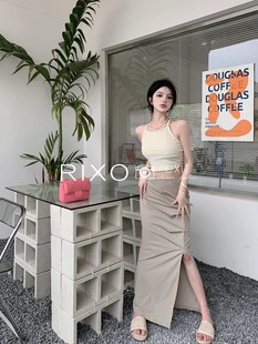 RIXO EXIT法式辣妹背心吊带褶皱包臀开叉半身裙工装两件套女夏季