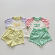 韩版ins婴幼儿夏季糖果，拼色套装男女宝宝字母，上衣短裤百搭两件套