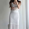 韩国chic复古优雅v领镂空吊带针织衫+高腰，显瘦中长款半身裙套装女