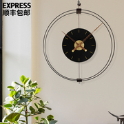现代简约黑胡桃黄铜轻奢大尺寸装饰挂钟客厅家用时尚，静音石英钟表