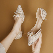 水晶高跟鞋女法式5公分小跟珍珠，花朵蝴蝶结细跟尖头，婚宴伴娘单鞋