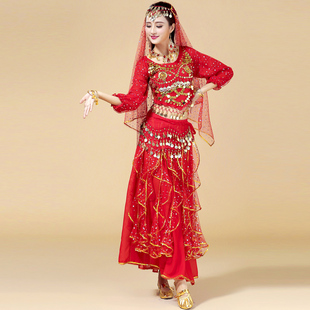 印度舞服装成人肚皮舞演出服，高档表演服新疆舞蹈服装，女秋冬红色